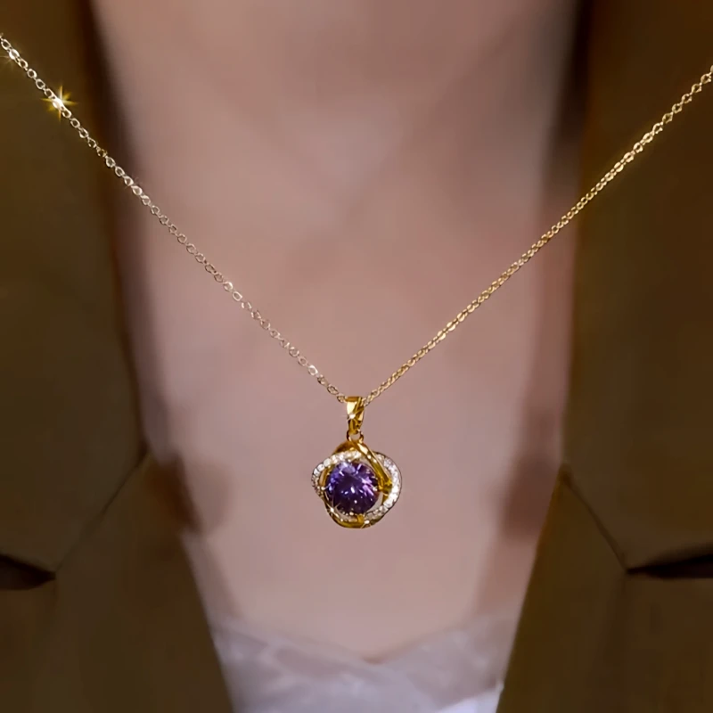 14K Gold-Plated Purple Zircon Diamond Pendant Necklace - beautiful Zircon Diamond Pendant