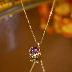 Detailed view of the 14K Gold-Plated Purple Zircon Diamond Pendant Necklace chain and pendant
