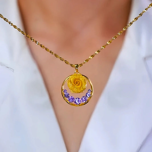 14K Gold-Plated Purple Zircon Diamond Rose Pendant Necklace - beautiful Rose Pendant Necklace
