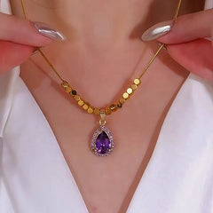 Detailed view of the 14K Gold-Plated Purple Zircon Diamond Water Drop Necklace chain and pendant