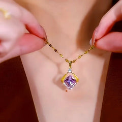 14K Gold-Plated Purple Zircon Sugar Cube Necklaces worn to showcase its length and pendant detail