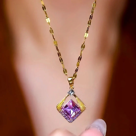 14K Gold-Plated Purple Zircon Sugar Cube Necklaces - beautiful Zircon Sugar Cube