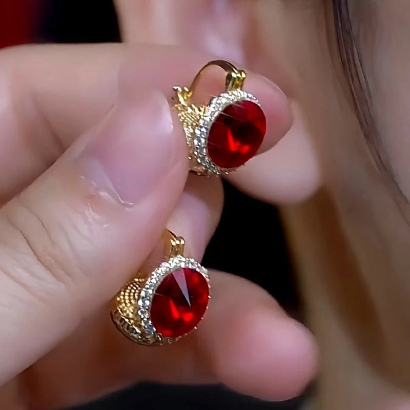 14K Gold-Plated Red Crystal Earrings - elegant Red Crystal Earrings