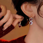 14K Gold-Plated Red Double Heart Earrings - elegant Red Heart Earrings