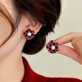 14K Gold-Plated Red Flower Pearl Stud Earrings - elegant Flower Pearl Studs