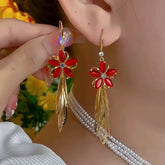 14K Gold-Plated Red Flower Tassel Earrings - elegant Flower Tassel Earrings