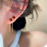 14K Gold-Plated Red Four-Leaf flower Threader Earrings - elegant Four-Leaf Clover Earrings