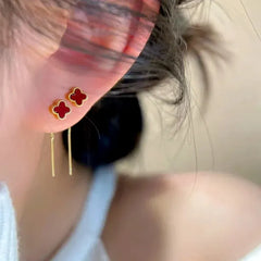 14K Gold-Plated Red Four-Leaf flower Threader Earrings - elegant Four-Leaf Clover Earrings
