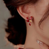 14K Gold-Plated Red Glaze Flower Earrings - elegant Red Glaze Flower Earrings