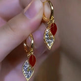 14K Gold-Plated Red Oil Drop Diamond Double-Leaf Earrings - elegant Double Leaf Earrings