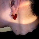 14K Gold-Plated Red Oil Drop Diamond Heart Earrings - elegant Red Heart Earrings