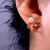 14K Gold-Plated Red Rose Pearl Stud Earrings - elegant Rose Pearl Studs