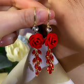 14K Gold-Plated Red Rose Tassel Ear Hooks - elegant Rose Tassel Earrings