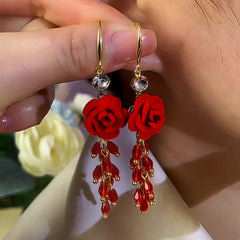 14K Gold-Plated Red Rose Tassel Ear Hooks - elegant Rose Tassel Earrings