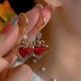 14K Gold-Plated Red Stone Heart Earrings - elegant Red Stone Earrings