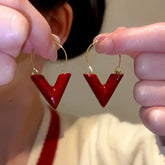 14K Gold-Plated Red V Letter Fashion Earrings - elegant V Letter Earrings