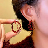 14K Gold-Plated Red Wavy Three-Layer Hoop Earrings - elegant Three-Layer Hoops