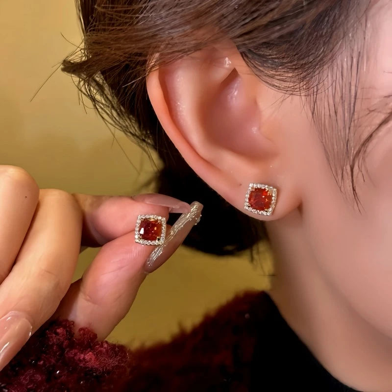 14K Gold-Plated Red Zircon Stud Earrings - elegant Red Zircon Studs