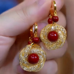 14K Gold-Plated Retro Red Pearl Mesh Earrings - elegant Red Pearl Earrings