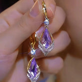14K Gold-Plated Rhombus Purple Crystal Earrings - elegant Purple Crystal Earrings