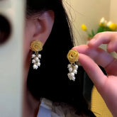14K Gold-Plated Rose Pearl Tassel Earrings - elegant Rose Pearl Earrings