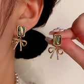 14K Gold-Plated Square Colored Shell Zircon Bow Earrings - elegant Shell Bow Earrings