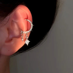 Model showcasing the dangle and style of the 14K Gold-Plated Star Moon Zircon Ear Clips ( 1 Pair )