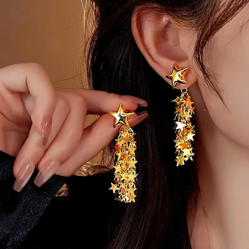 14K Gold-Plated Star Tassel Earrings - elegant Star Tassel Earrings