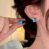14K Gold-Plated Three-Dimensional Square Blue Crystal Stud Earrings - elegant Blue Crystal Studs