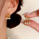 14K Gold-Plated Three-Row Hollow Pearl Earrings - elegant Hollow Pearl Earrings