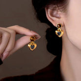 14K Gold-Plated Tiger Eye Heart-Shaped Black Zircon Earrings - elegant Tiger's Eye Earrings