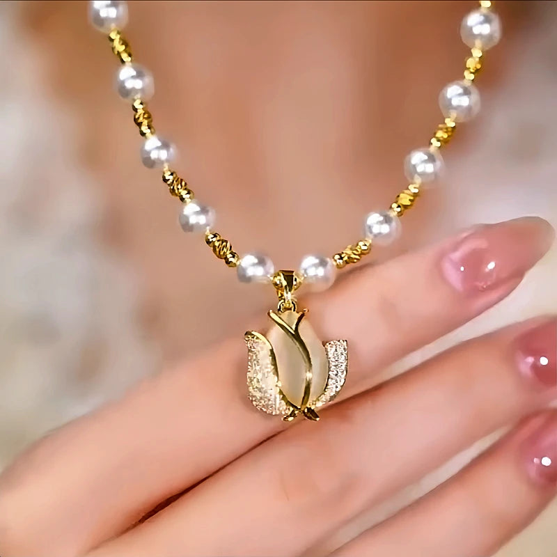 14K Gold-Plated Tulip Beads Necklace worn to showcase its length and pendant detail