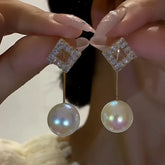 14K Gold-Plated Two-Piece Square Diamond Pearl Earrings - elegant Square Pearl Earrings