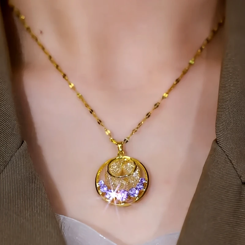 14K Gold-Plated Violet Diamond Mesh Pendant Necklace worn to showcase its length and pendant detail