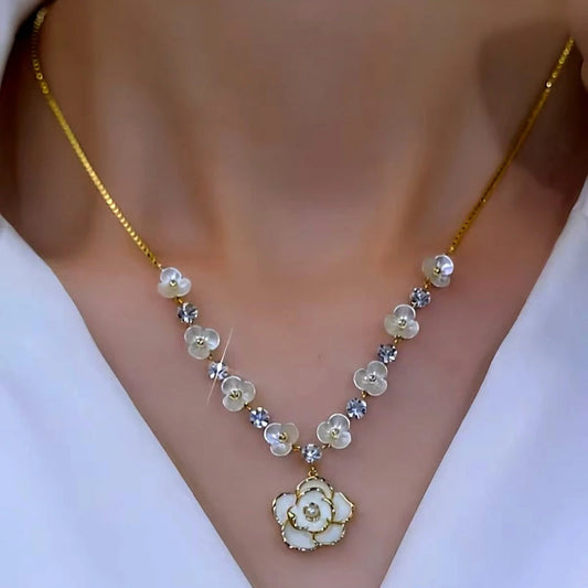 14K Gold-Plated White Camellia Flower Necklace - beautiful White Camellia Necklace