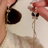 14K Gold-Plated ZIrcon Butterfly Tassel Earrings - elegant Black Butterfly Earrings