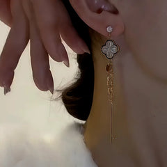 Close-up detail of the sparkling zircons and plating on the Asymmetrical Flower Earrings