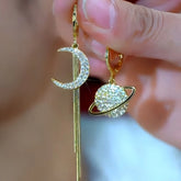 14K Gold-Plated Zircon Asymmetrical Planet And Moon Earrings - elegant Asymmetrical Planet Moon