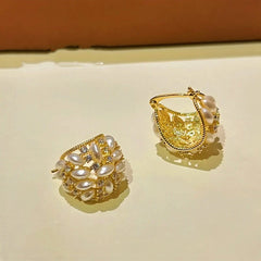 Angled view of the 14K Gold-Plated Zircon Beaded Flower Basket Earrings