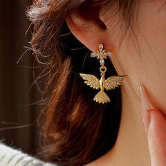 Angled view of the 14K Gold-Plated Zircon Bird Earrings
