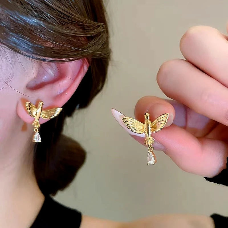 14K Gold-Plated Zircon Bird Earrings - elegant Gold Bird Earrings