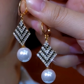 14K Gold-Plated Zircon Black And White Diamond Pearl Earrings - elegant Pearl Diamond Earrings