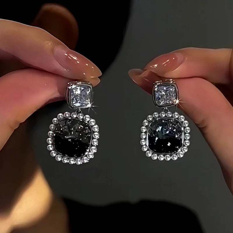14K Gold-Plated Zircon Black Crystal Earrings - elegant Black Crystal Earrings