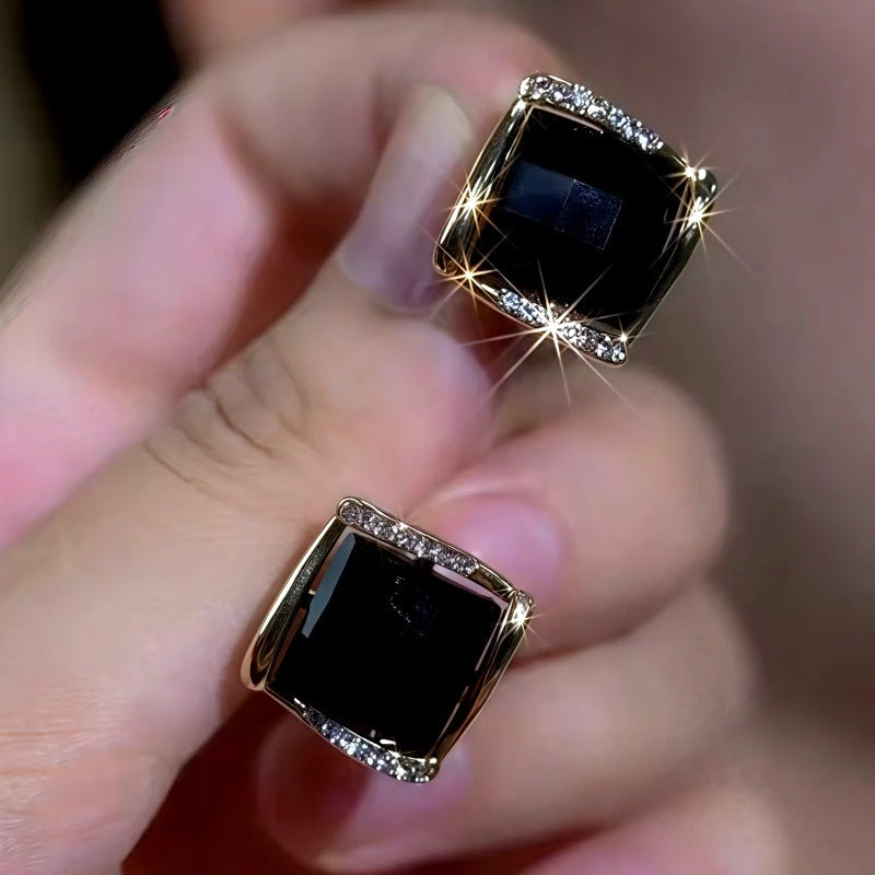 14K Gold-Plated Zircon Black Diamond Stud Earrings - elegant Black Stud Earrings