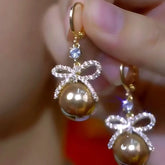 14K Gold-Plated Zircon Bow Brown Pearl Earrings - elegant Bow Pearl Earrings