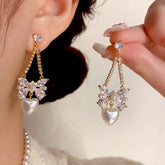 14K Gold-Plated Zircon Bow Heart Pearl Earrings - elegant Pearl Heart Earrings