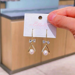 14K Gold-Plated Zircon Bow Pearl Ear Hook Earrings - elegant Pearl Ear Hooks