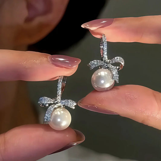 14K Gold-Plated Zircon Bow Pearl Earrings - elegant Bow Pearl Earrings