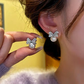 14K Gold-Plated Zircon Bow Pearl Stud Earrings - elegant Pearl Stud Earrings