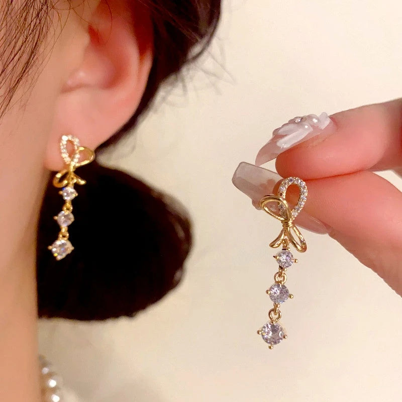 14K Gold-Plated Zircon Bow Tassel Earrings - elegant Gold Tassel Earrings